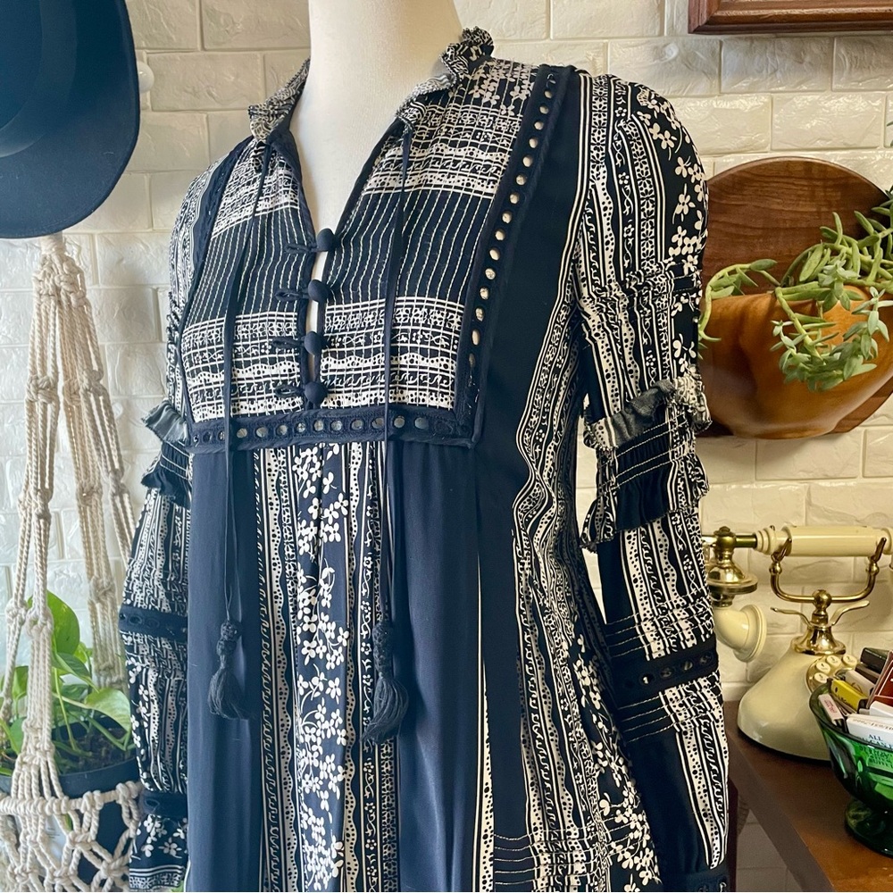 Sea New York Keely Tie-Neck Long-Sleeve Peasant Mini Tunic Dress Black Boho - Picture 6 of 15